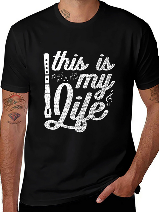 Musicians Life T-Shirt: Black Tee with Flute & Music Notes Design