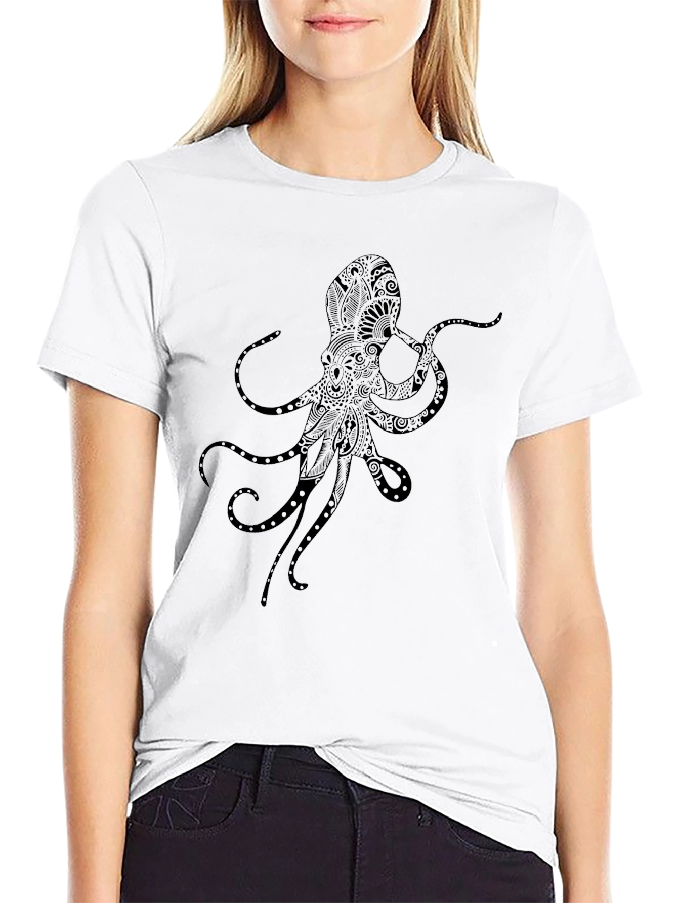 Black Octopus Print Crew Neck Tee