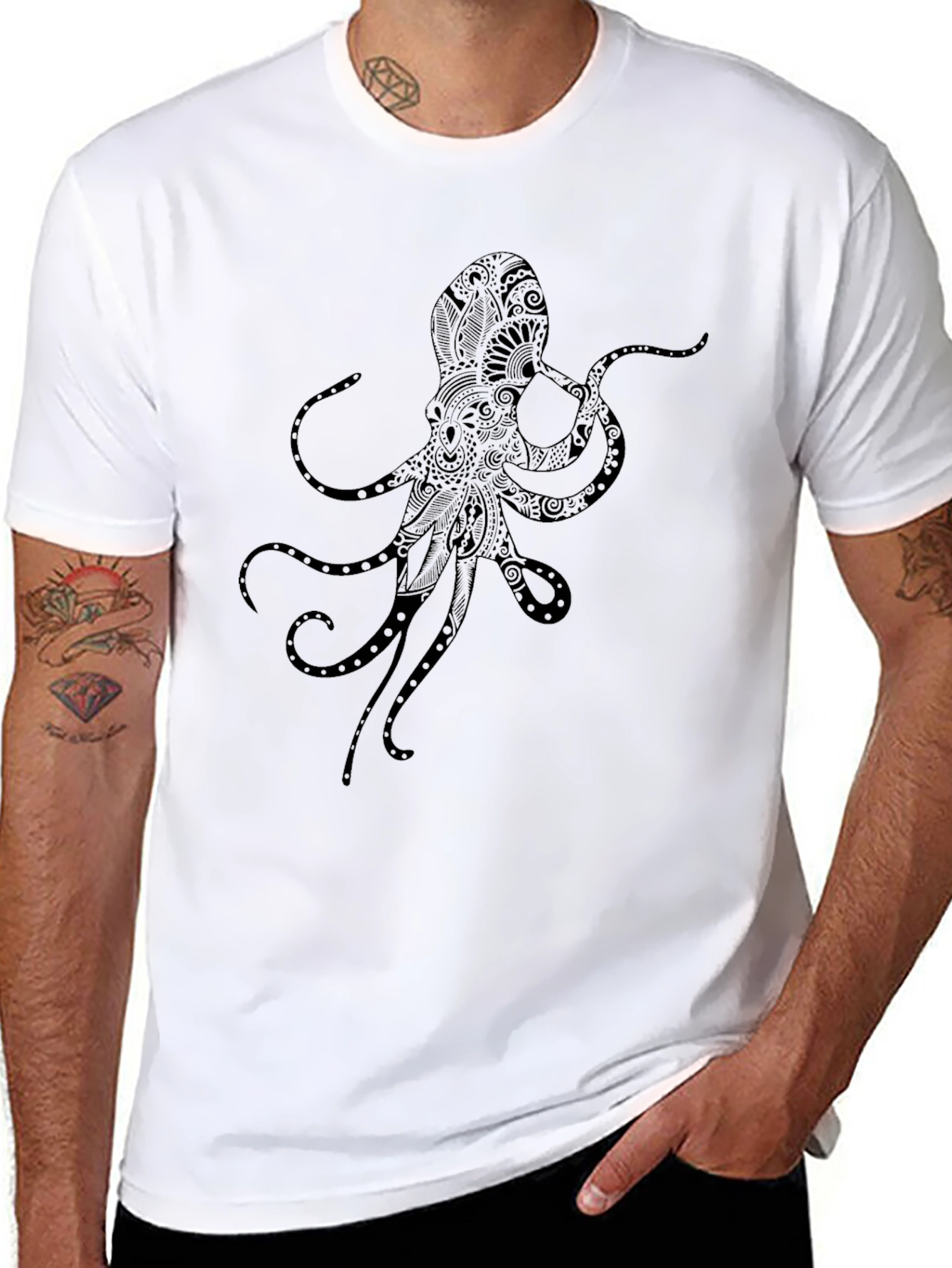 Black Octopus Print Crew Neck Tee