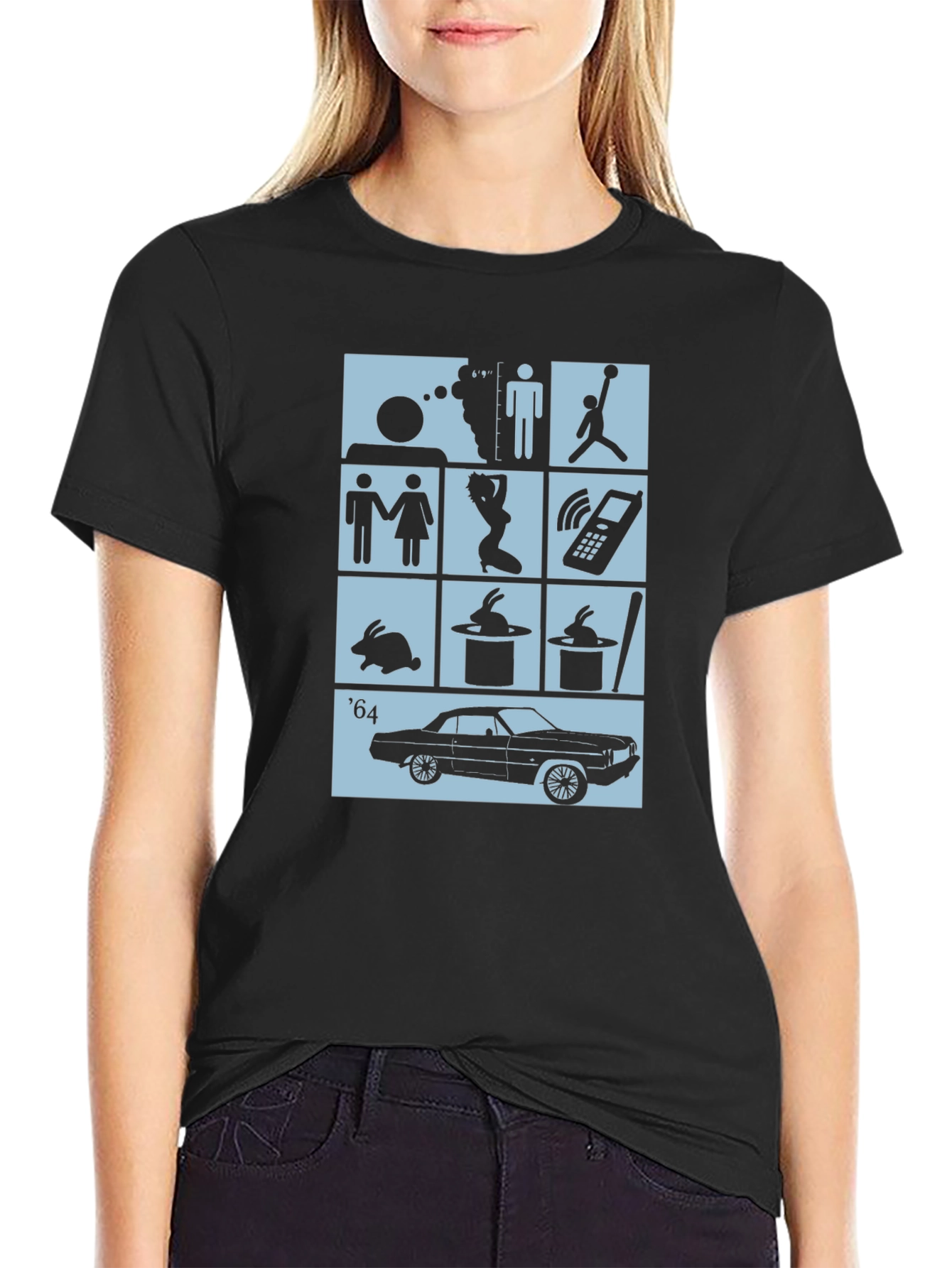 Black T-Shirt with Pop Culture Icon Grid Design