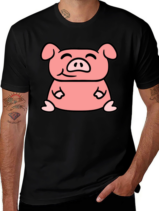 Cute Pig Cartoon Graphic Black T-Shirt