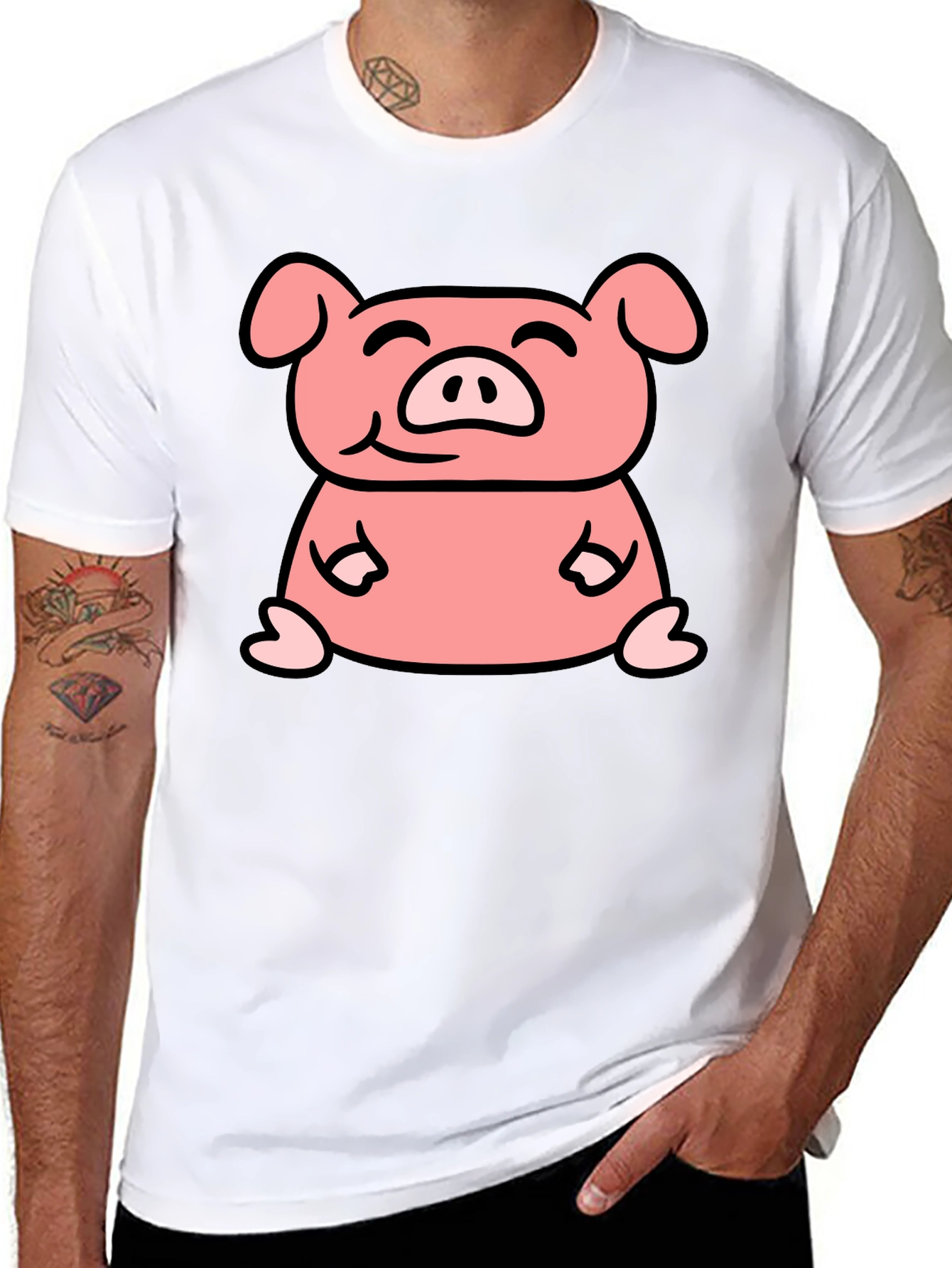 Cute Pig Cartoon Graphic Black T-Shirt