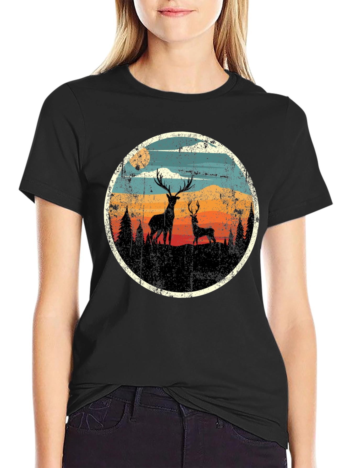 Deer Silhouette Graphic Print Black T-Shirt