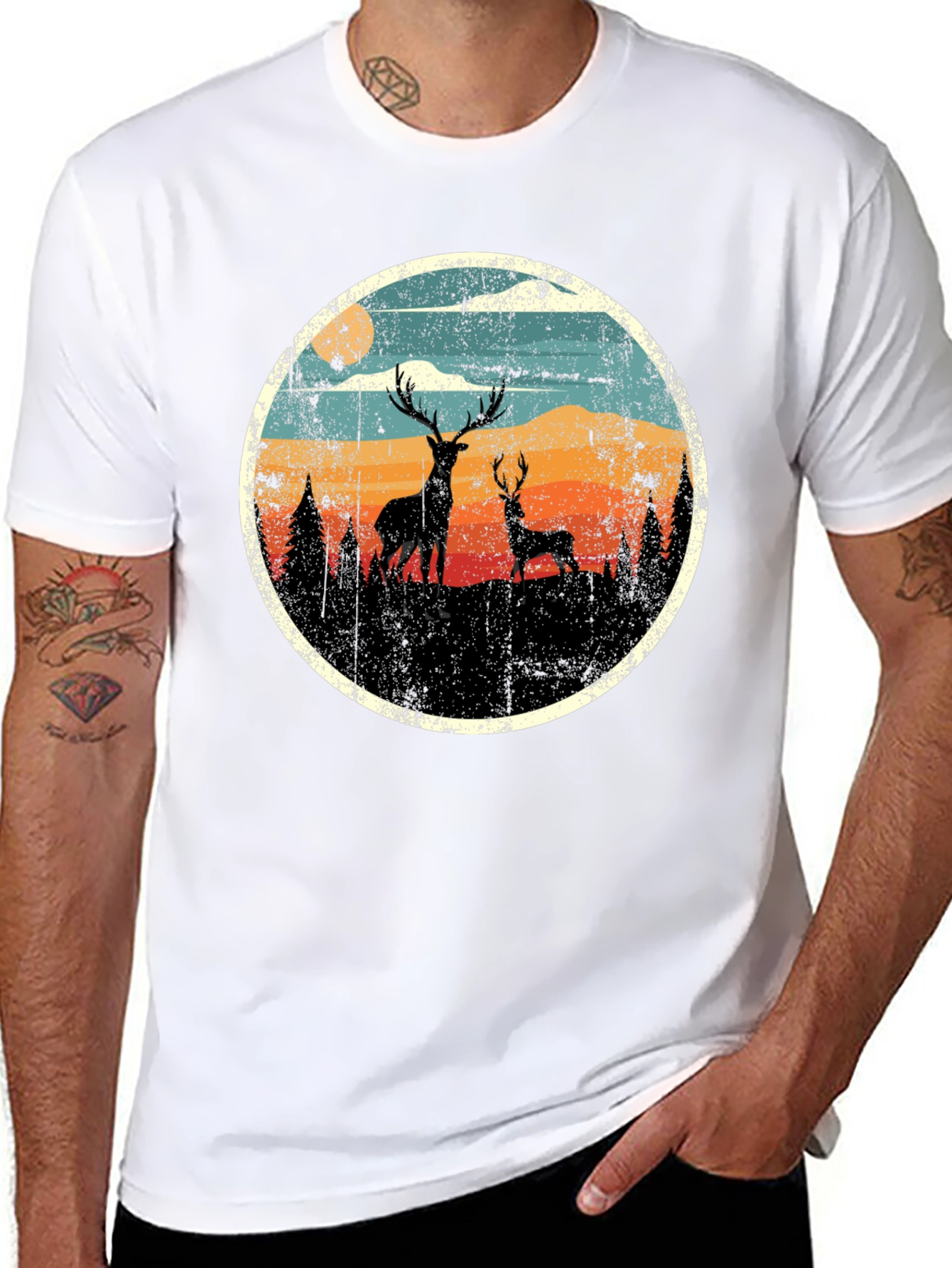 Deer Silhouette Graphic Print Black T-Shirt
