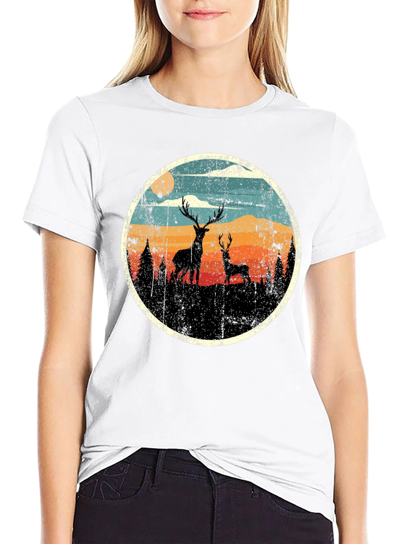Deer Silhouette Graphic Print Black T-Shirt