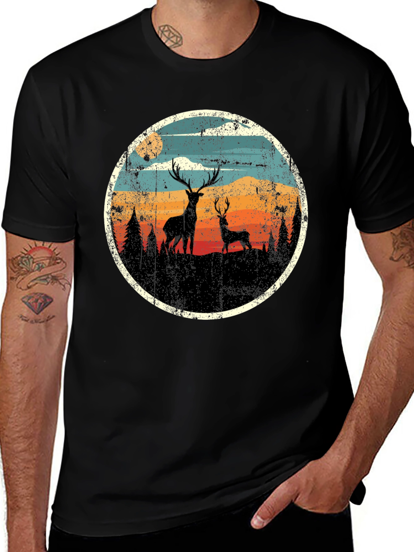 Deer Silhouette Graphic Print Black T-Shirt
