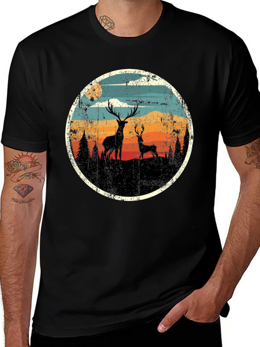 Deer Silhouette Graphic Print Black T-Shirt