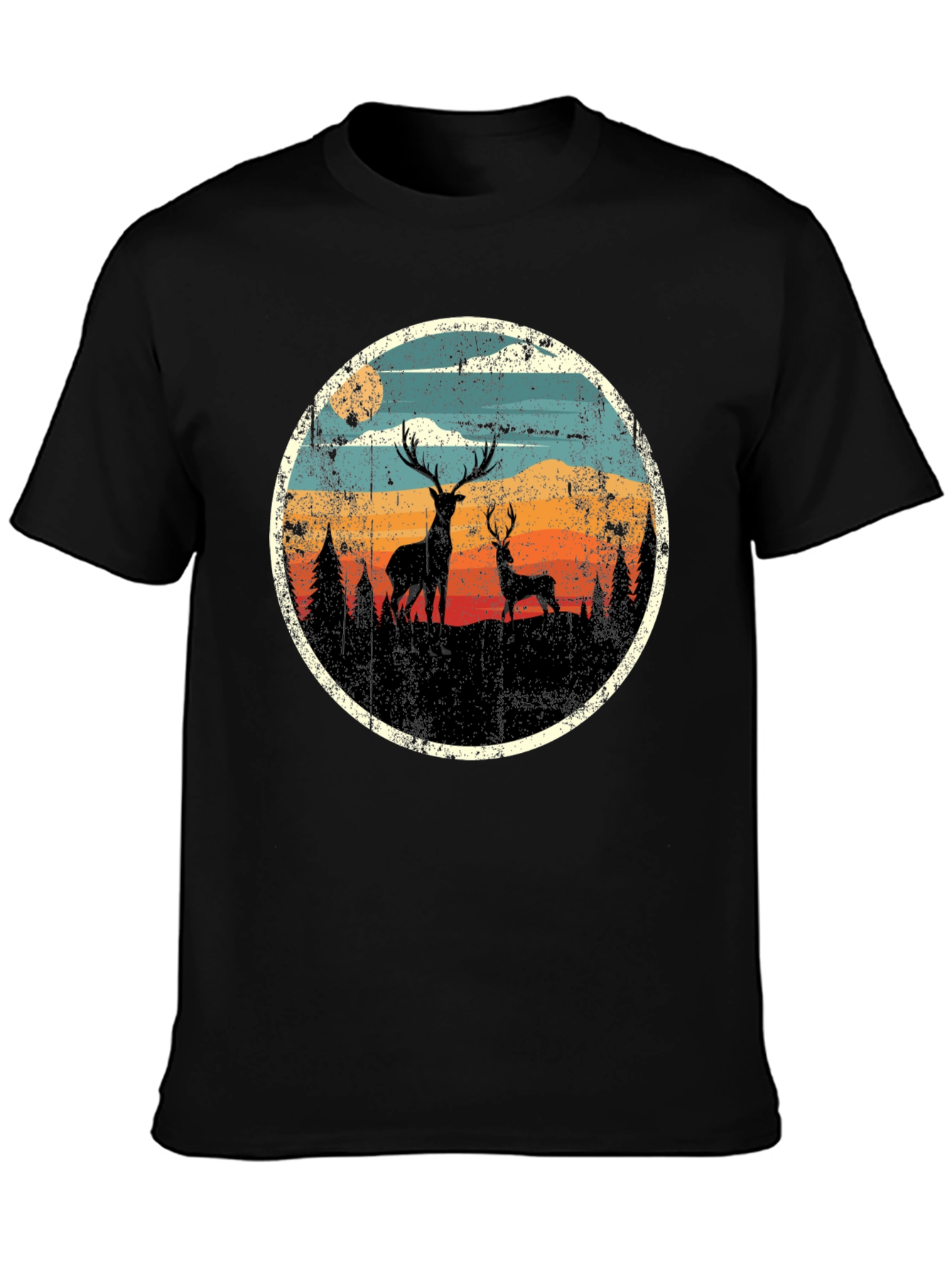 Deer Silhouette Graphic Print Black T-Shirt