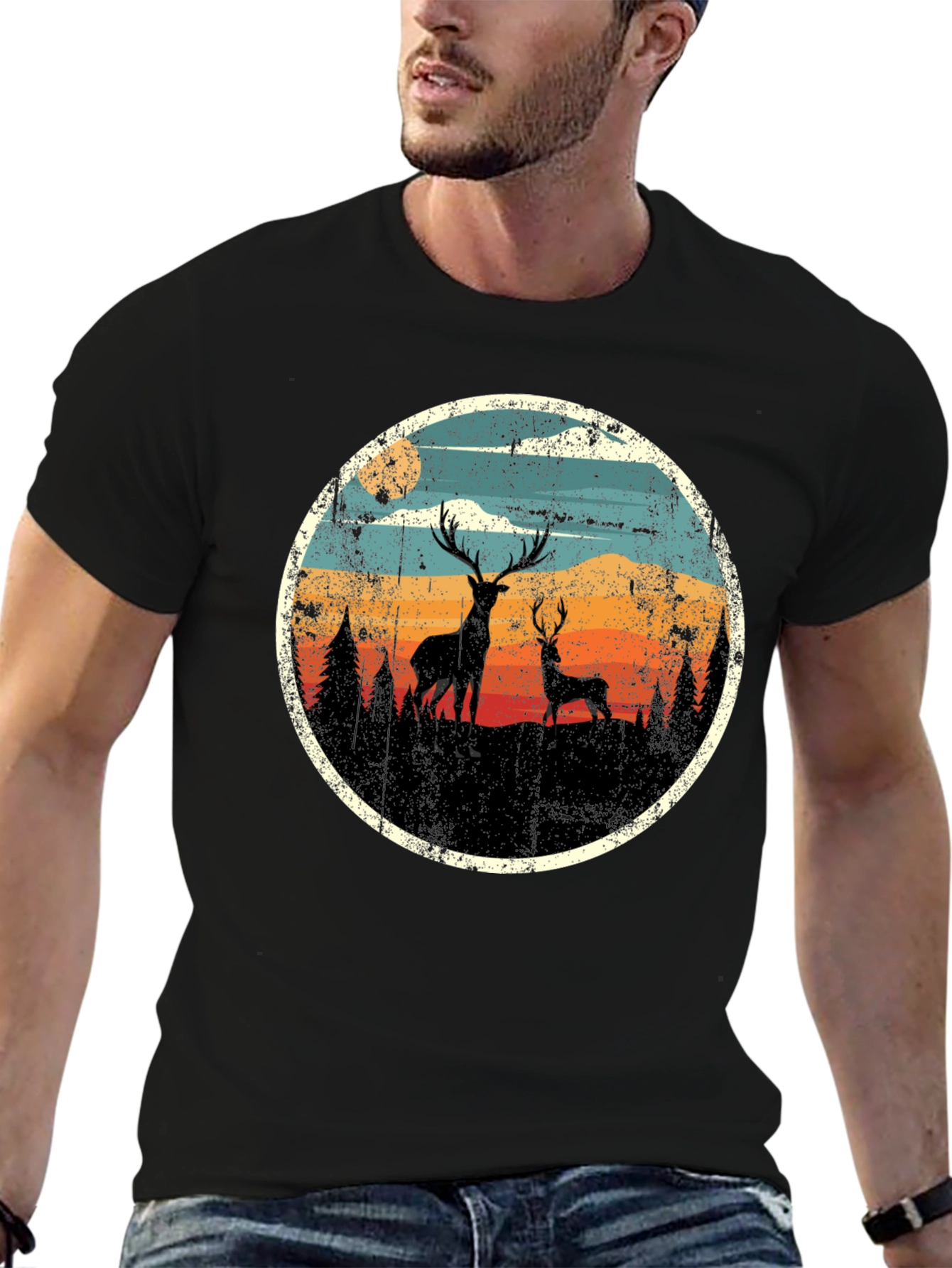 Deer Silhouette Graphic Print Black T-Shirt