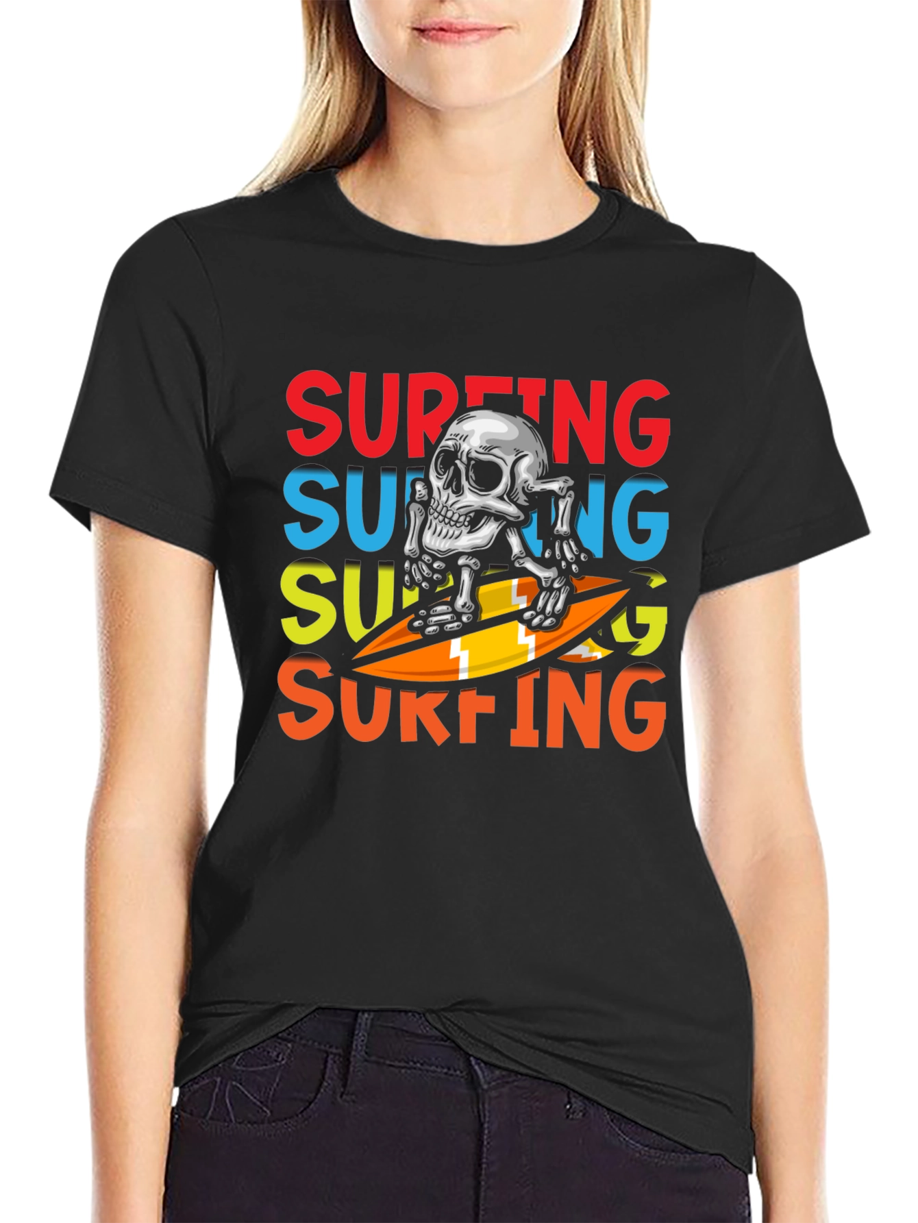 Surfing Skeleton Graphic Tee - Black