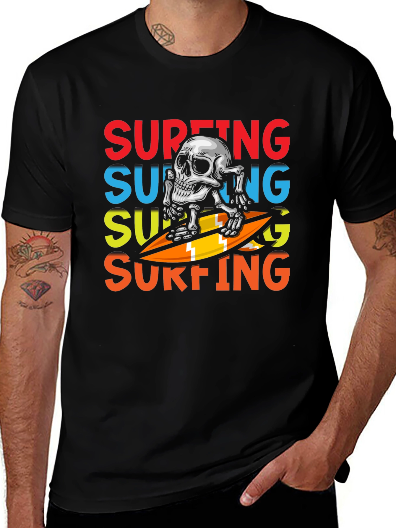 Surfing Skeleton Graphic Tee - Black