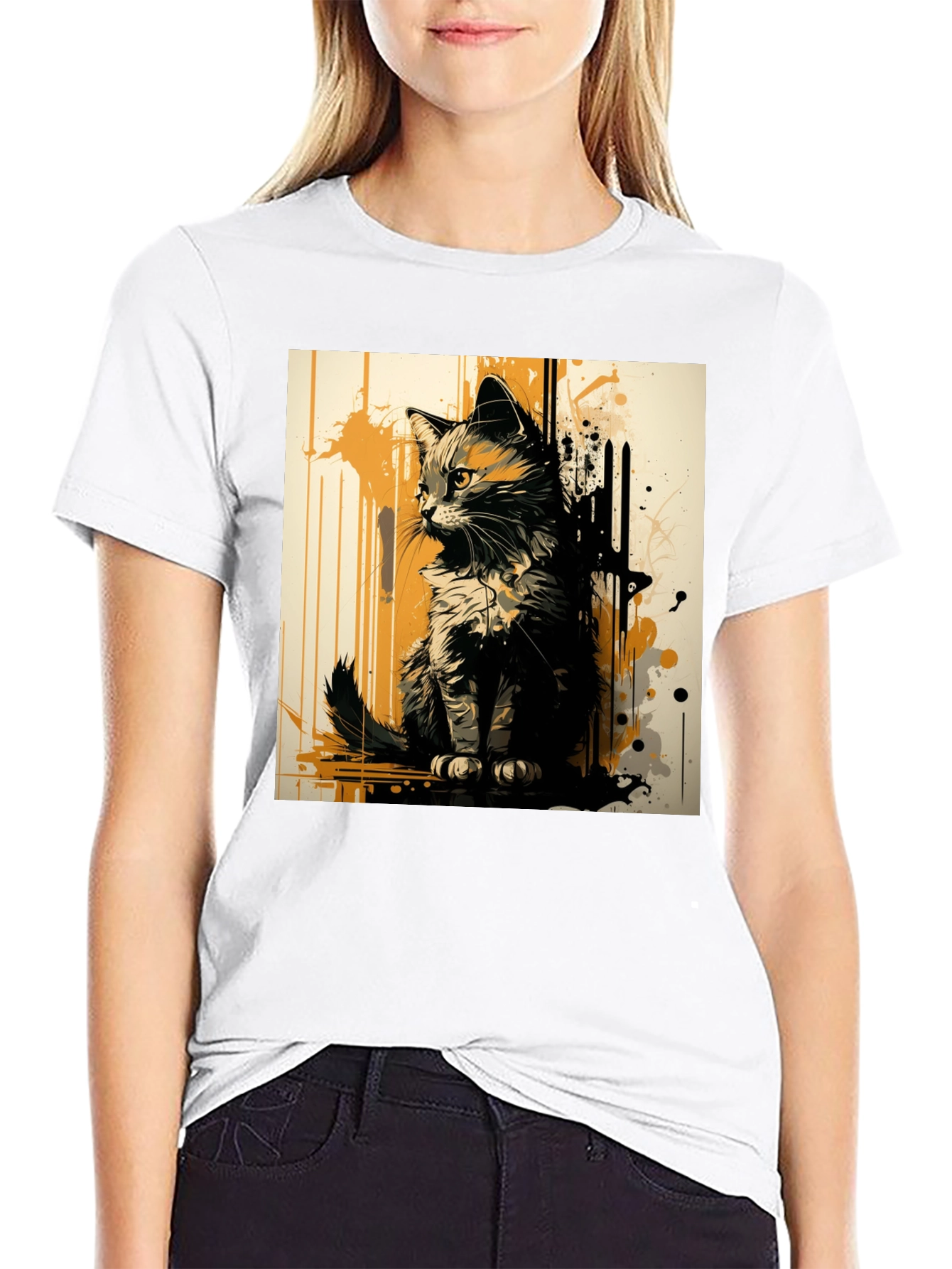 Abstract Cat Graphic Print Black T-Shirt