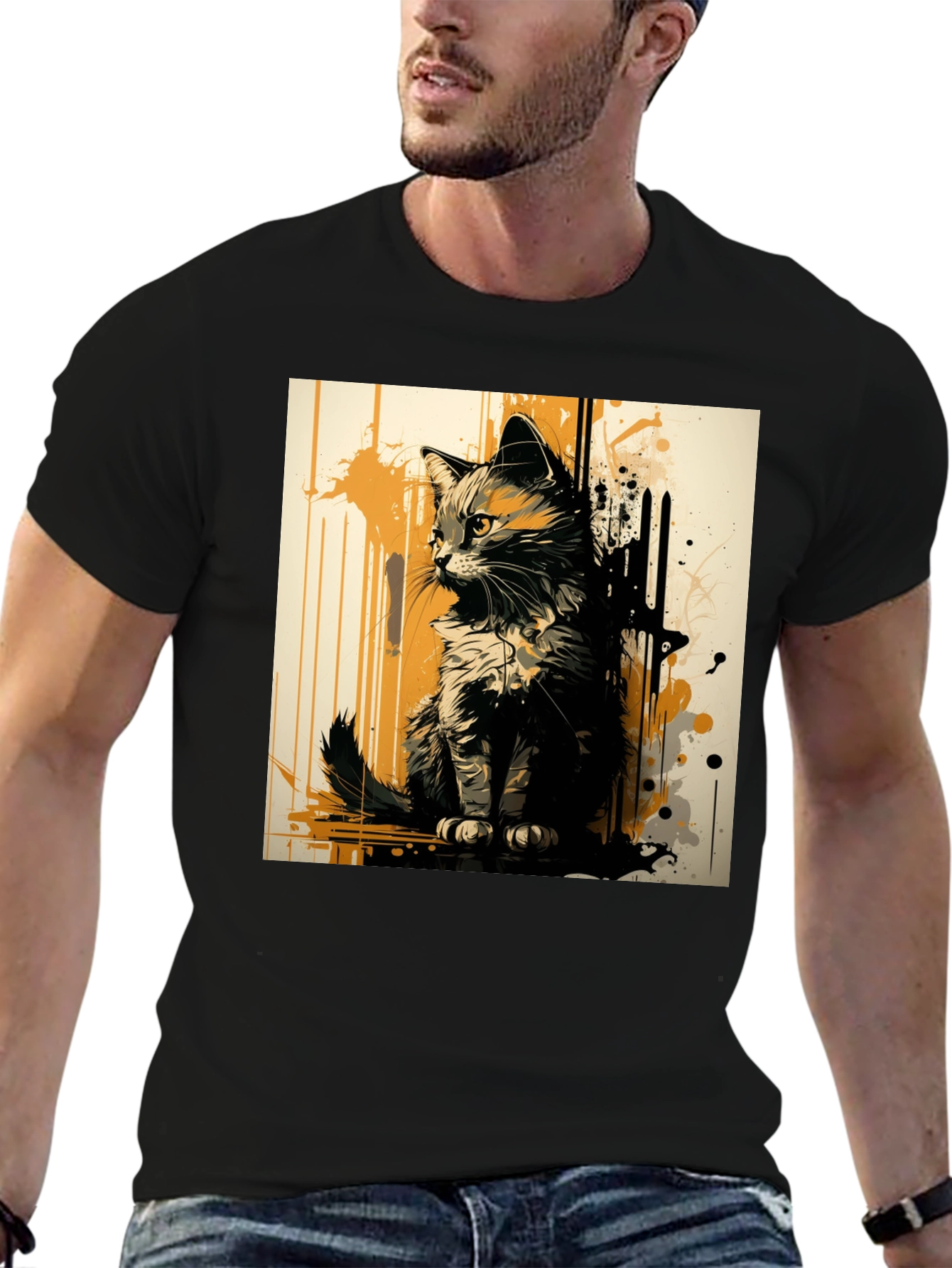 Abstract Cat Graphic Print Black T-Shirt