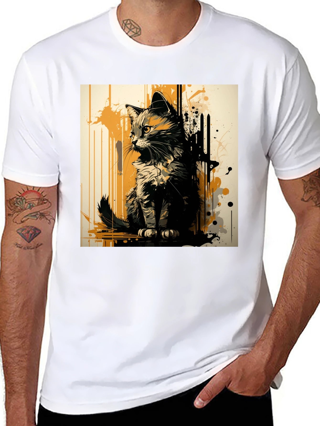 Abstract Cat Graphic Print Black T-Shirt