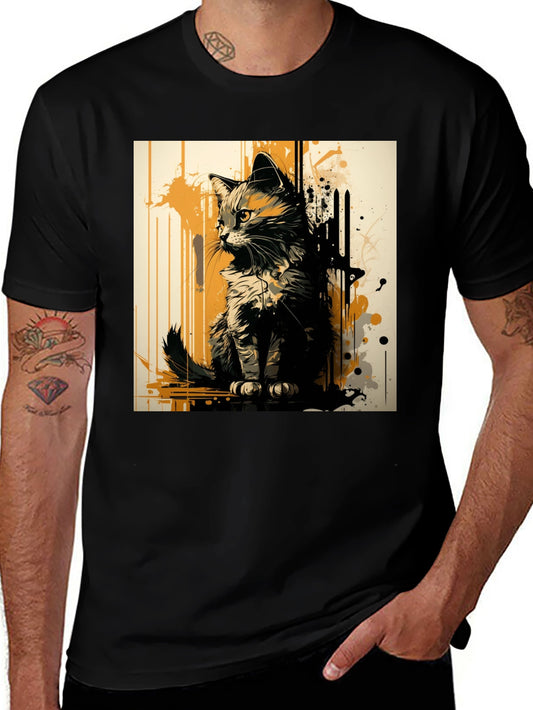 Abstract Cat Graphic Print Black T-Shirt