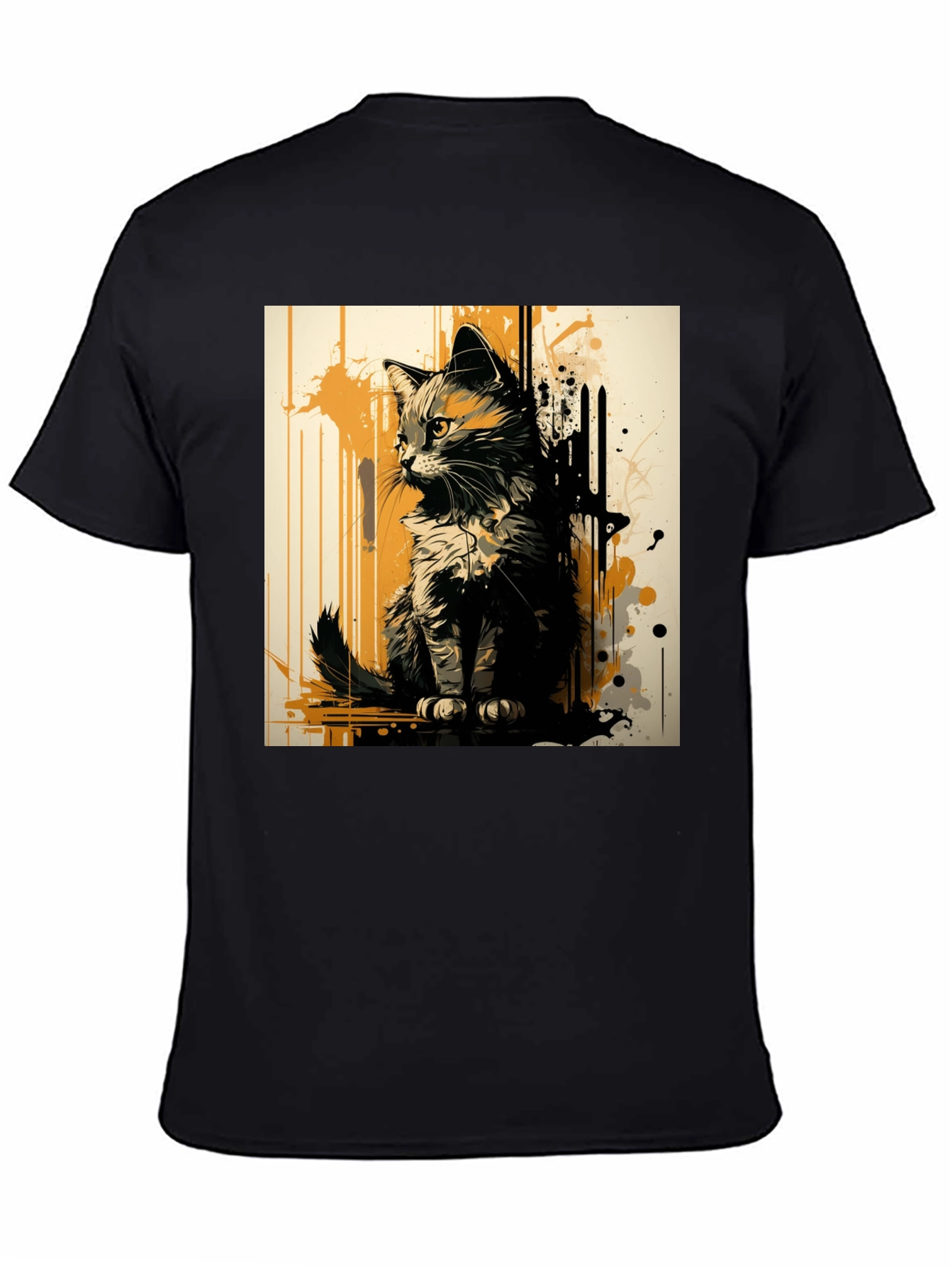 Abstract Cat Graphic Print Black T-Shirt