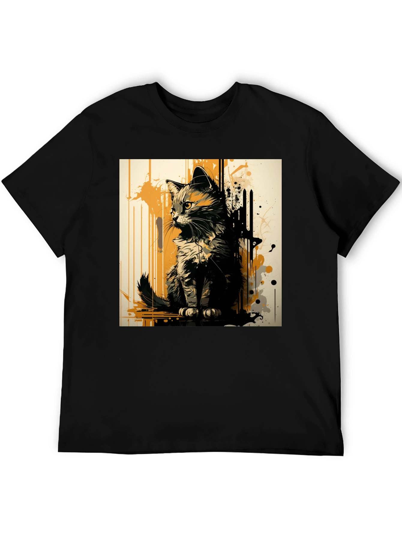 Abstract Cat Graphic Print Black T-Shirt