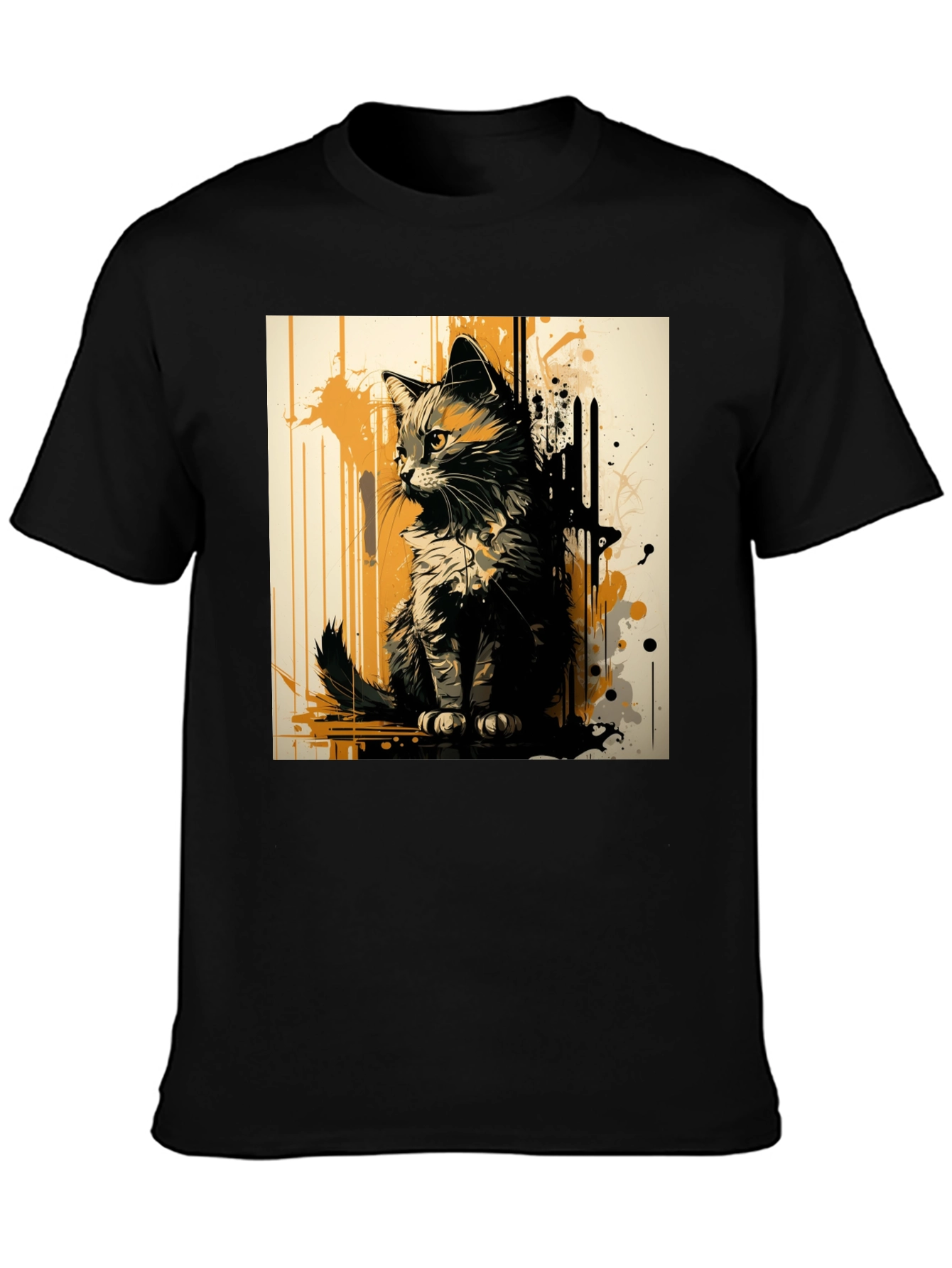 Abstract Cat Graphic Print Black T-Shirt