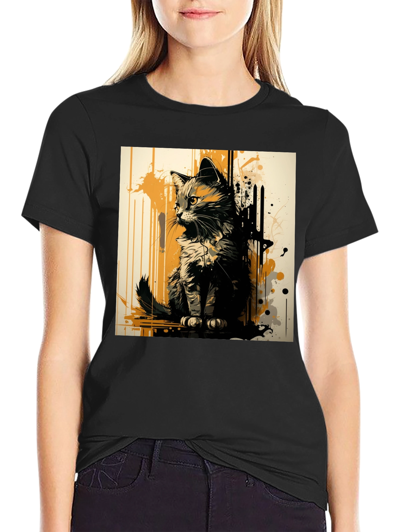 Abstract Cat Graphic Print Black T-Shirt