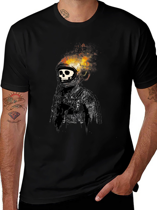 Flaming Skull Astronaut Graphic Black T-Shirt