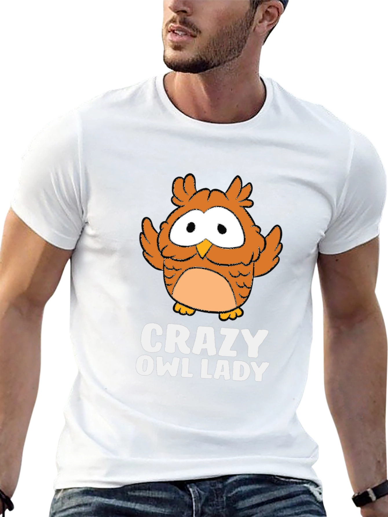 Crazy Owl Lady Black Graphic T-Shirt