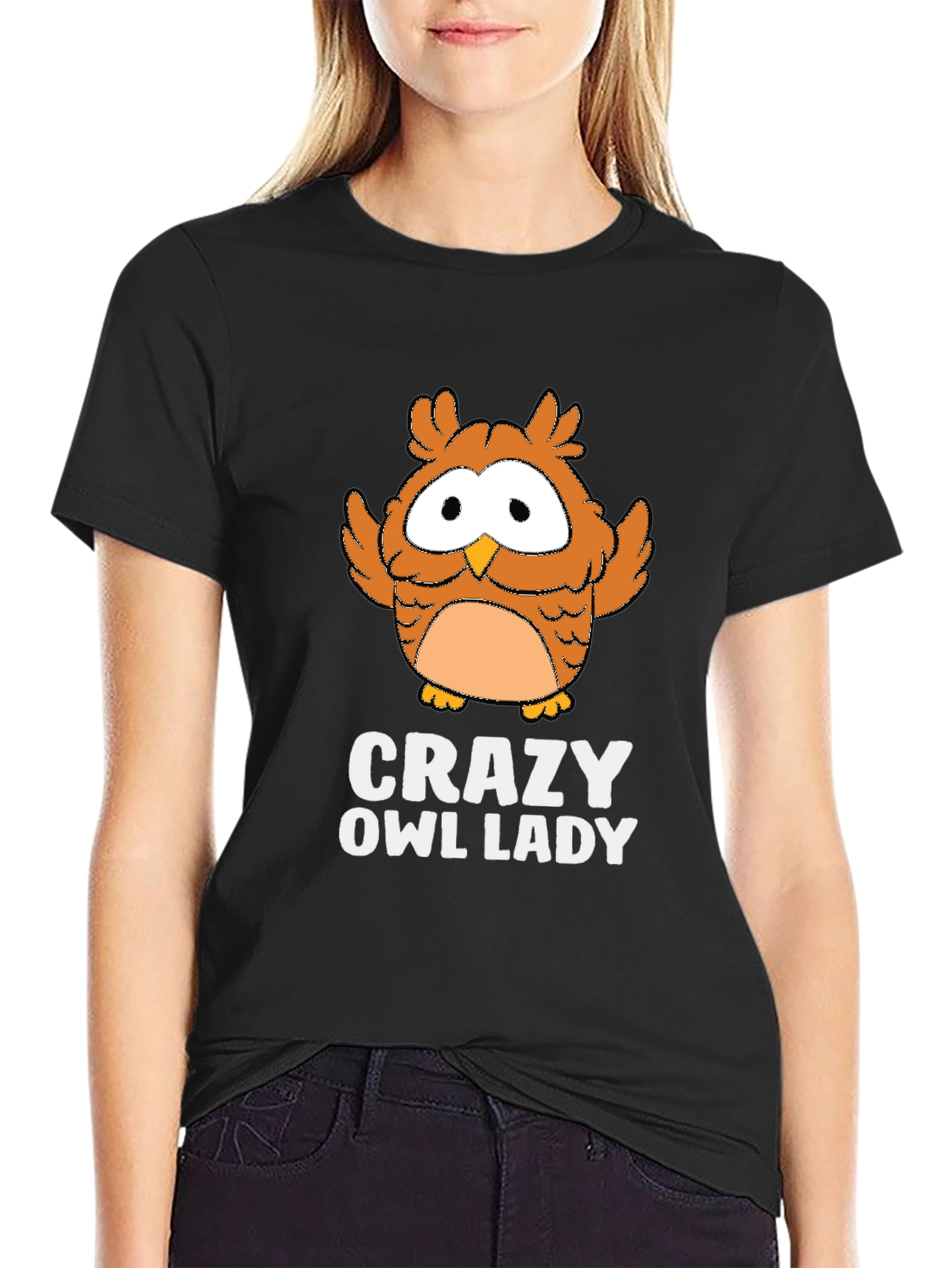 Crazy Owl Lady Black Graphic T-Shirt