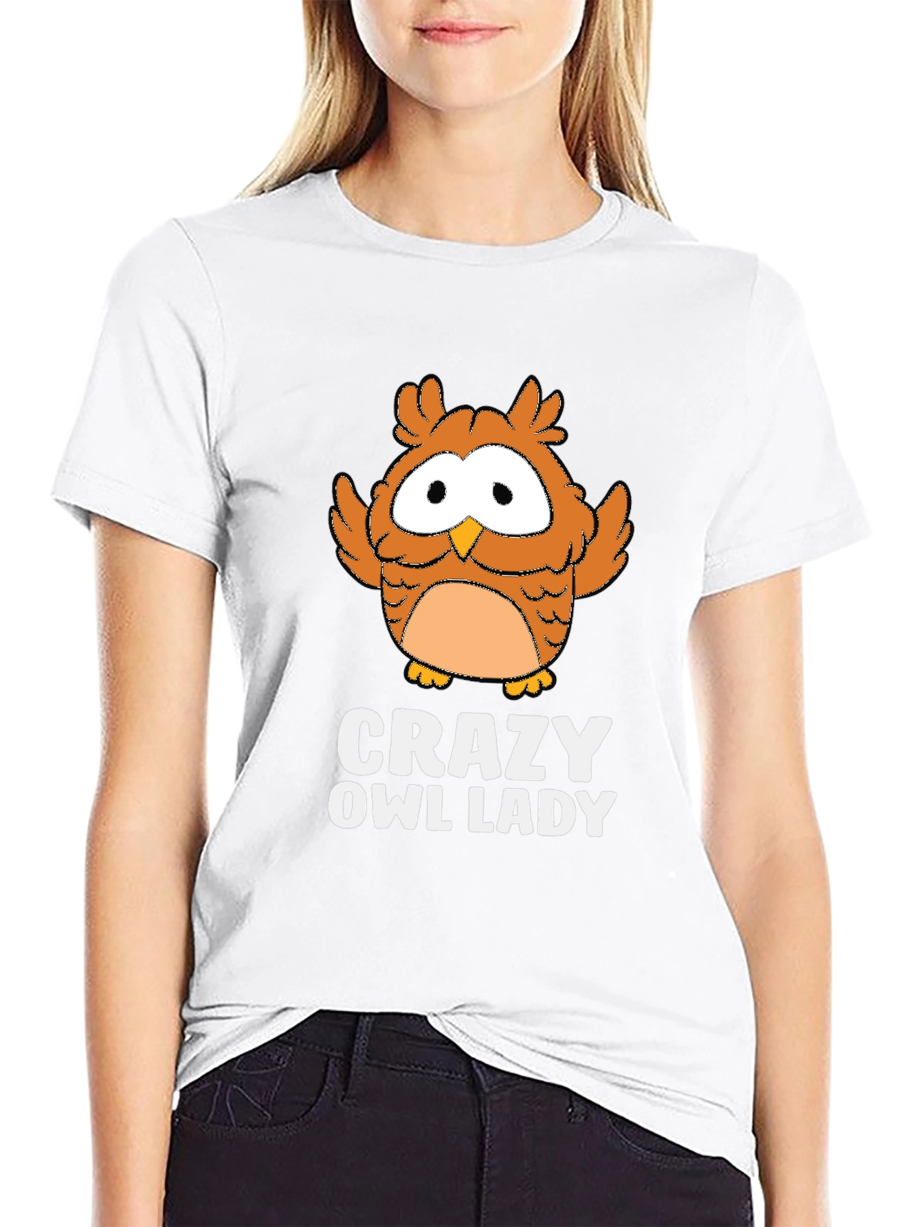 Crazy Owl Lady Black Graphic T-Shirt