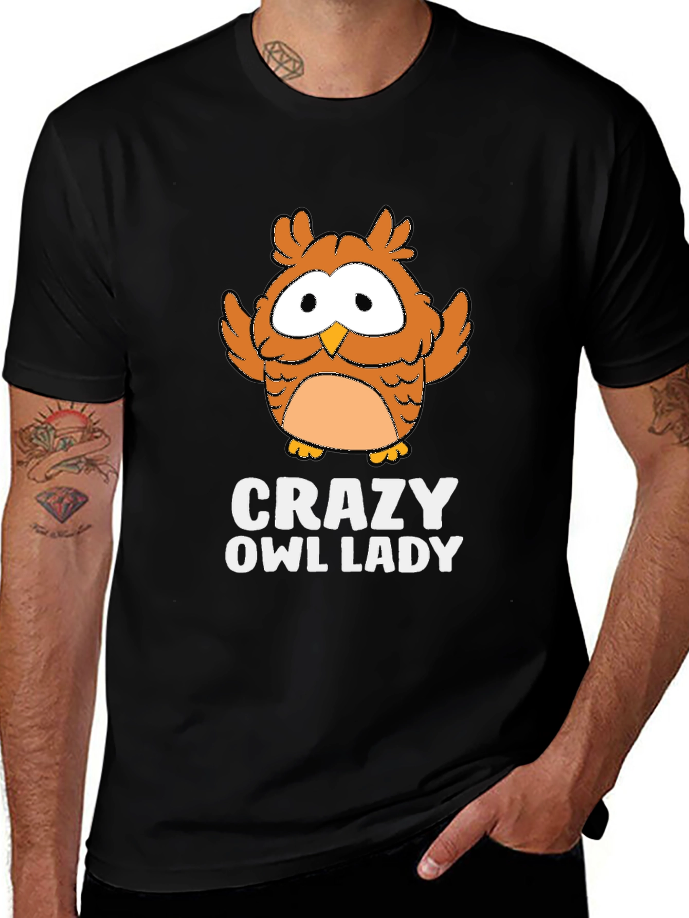 Crazy Owl Lady Black Graphic T-Shirt