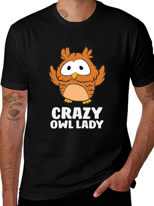 Crazy Owl Lady Black Graphic T-Shirt