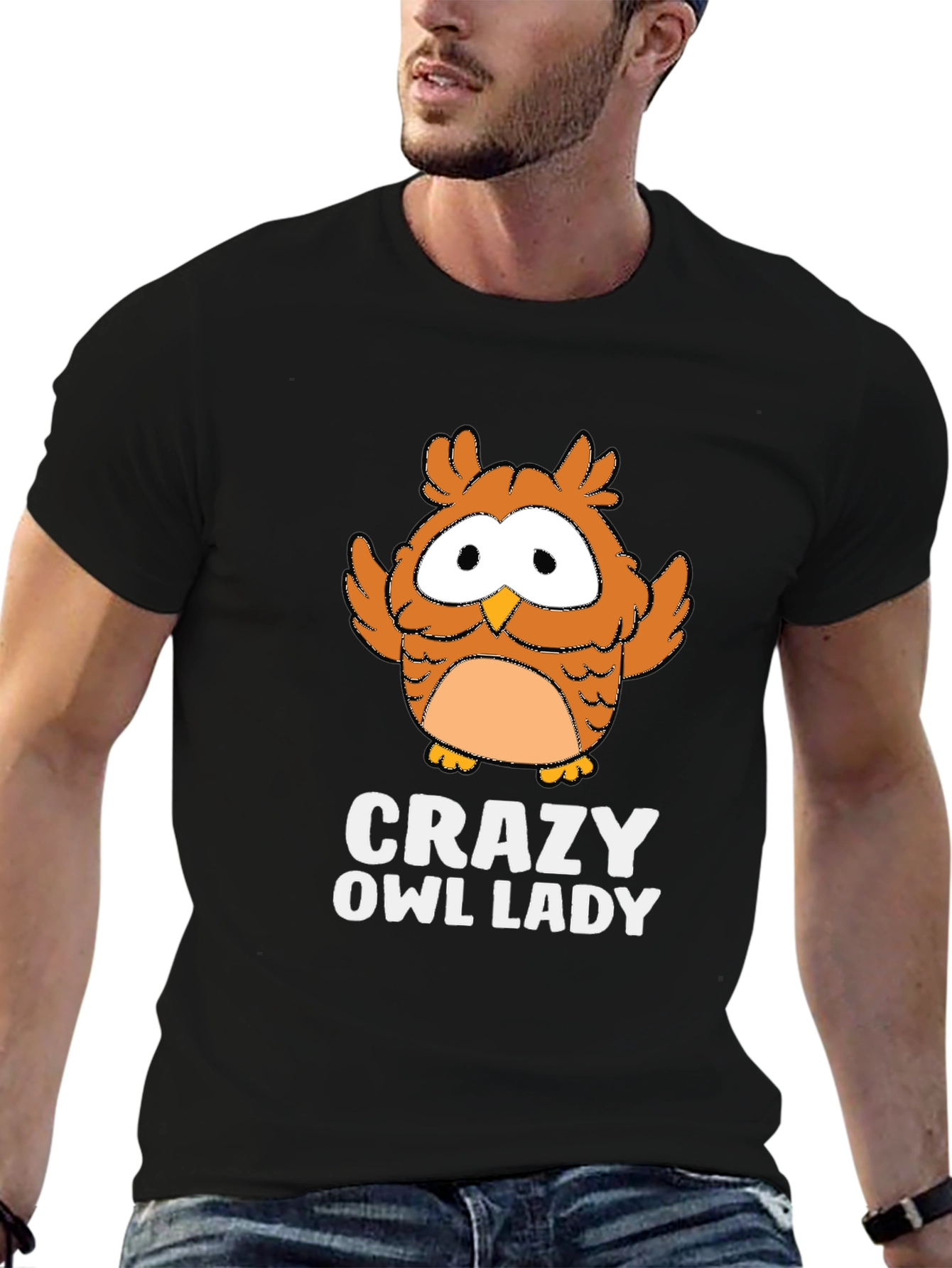 Crazy Owl Lady Black Graphic T-Shirt