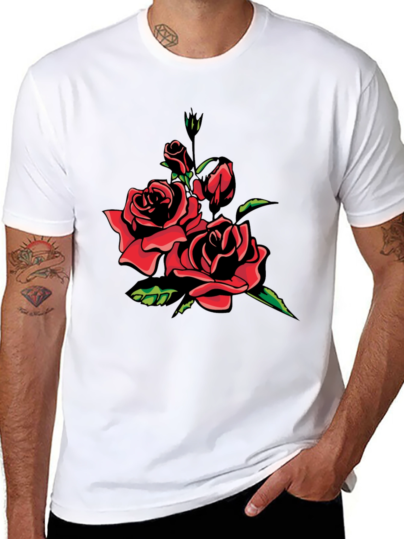 Black T-Shirt with Red Rose Graphic