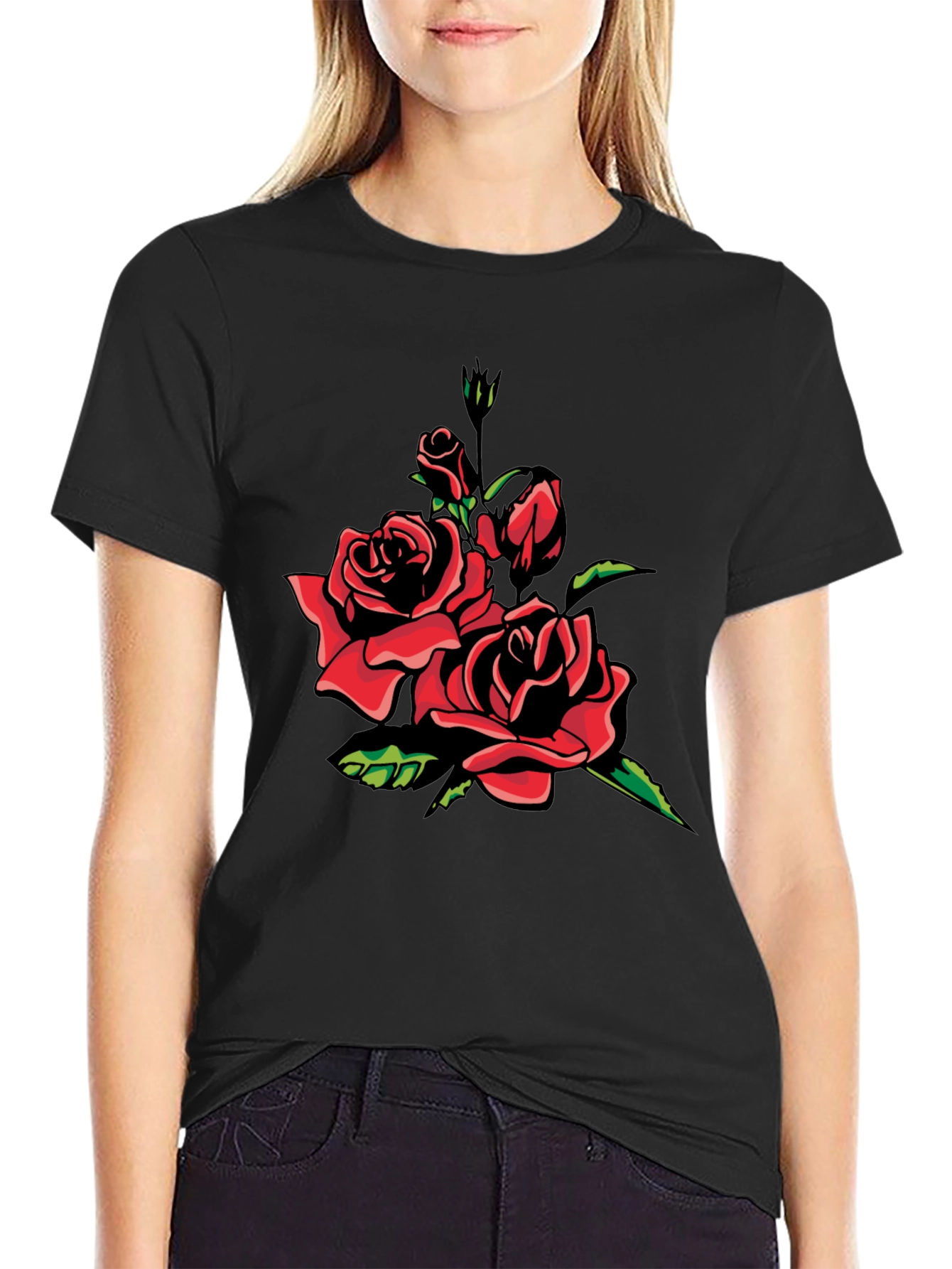 Black T-Shirt with Red Rose Graphic