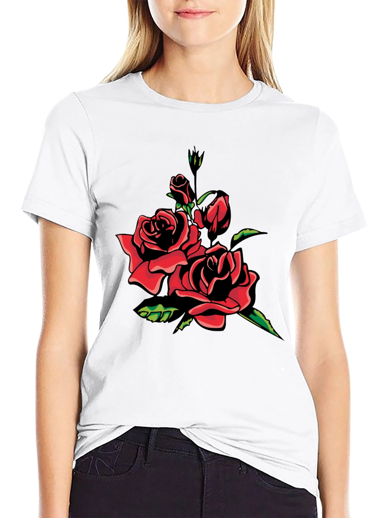 Black T-Shirt with Red Rose Graphic