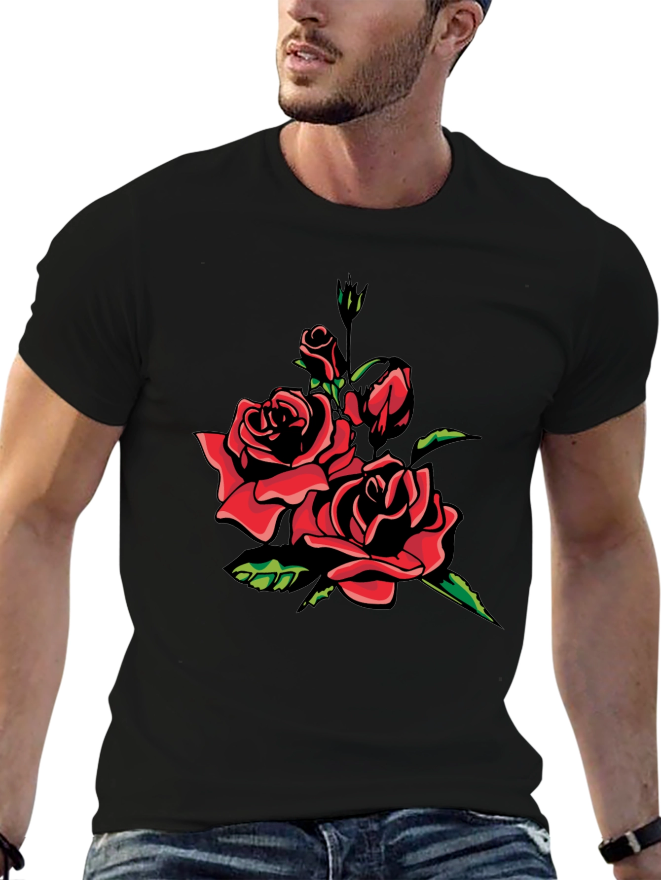 Black T-Shirt with Red Rose Graphic