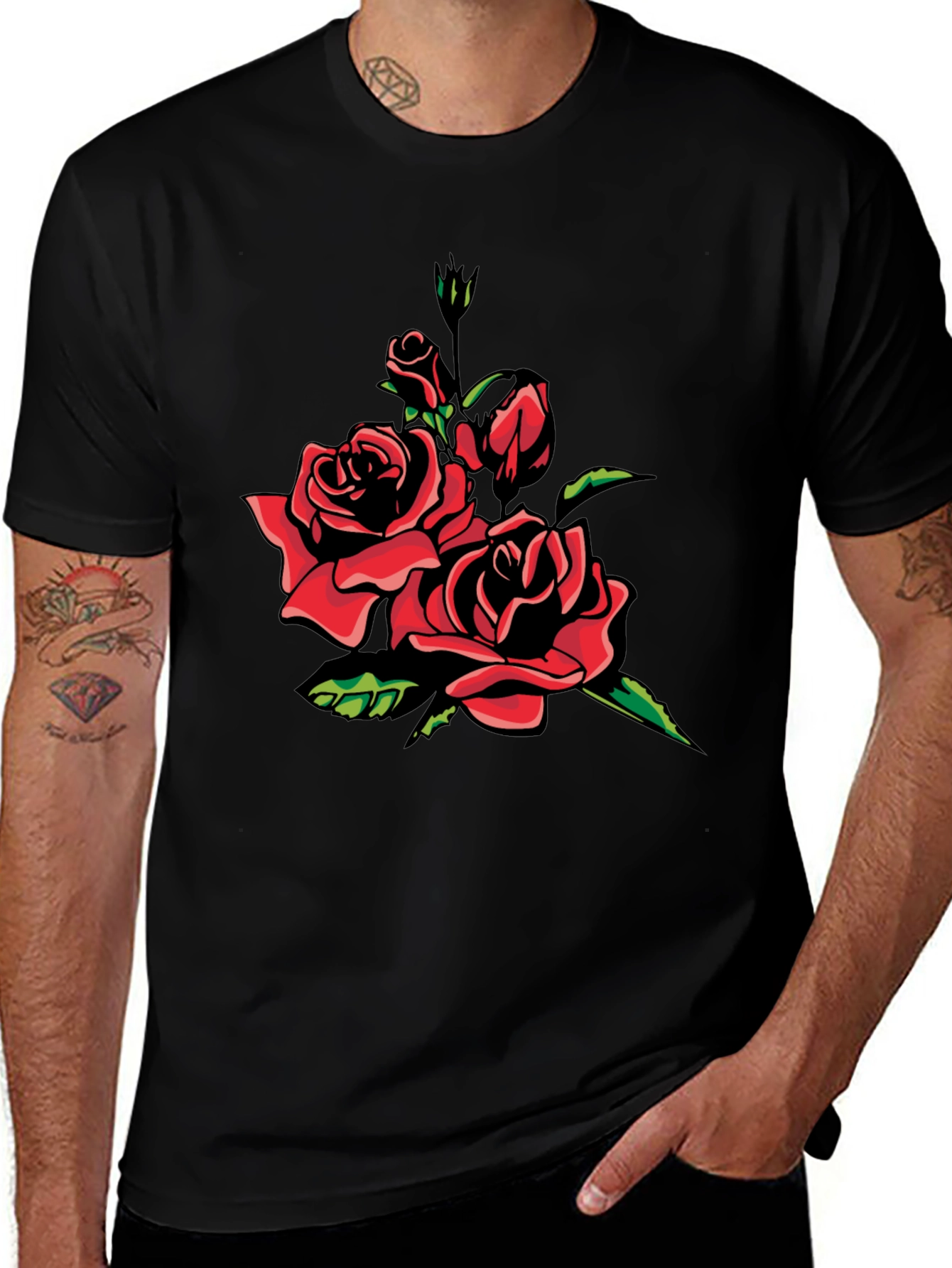 Black T-Shirt with Red Rose Graphic