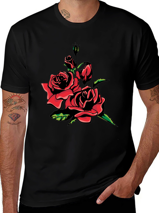 Black T-Shirt with Red Rose Graphic