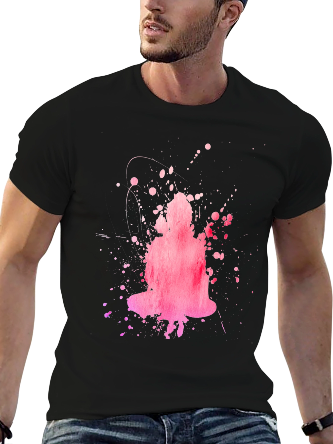 Abstract Pink Buddha Graphic Black T-Shirt