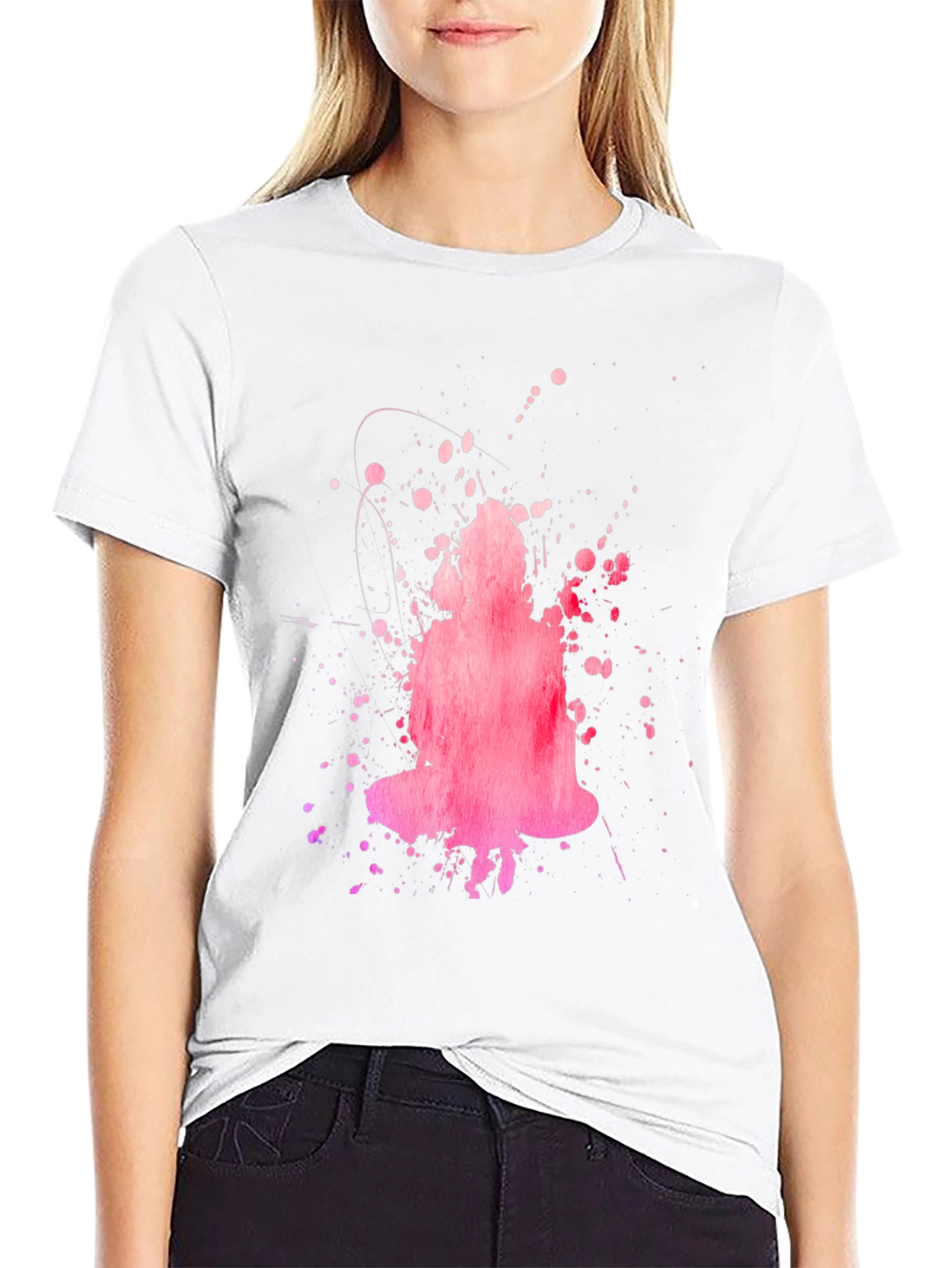 Abstract Pink Buddha Graphic Black T-Shirt
