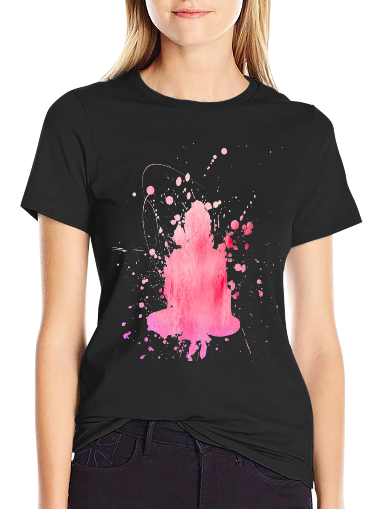 Abstract Pink Buddha Graphic Black T-Shirt