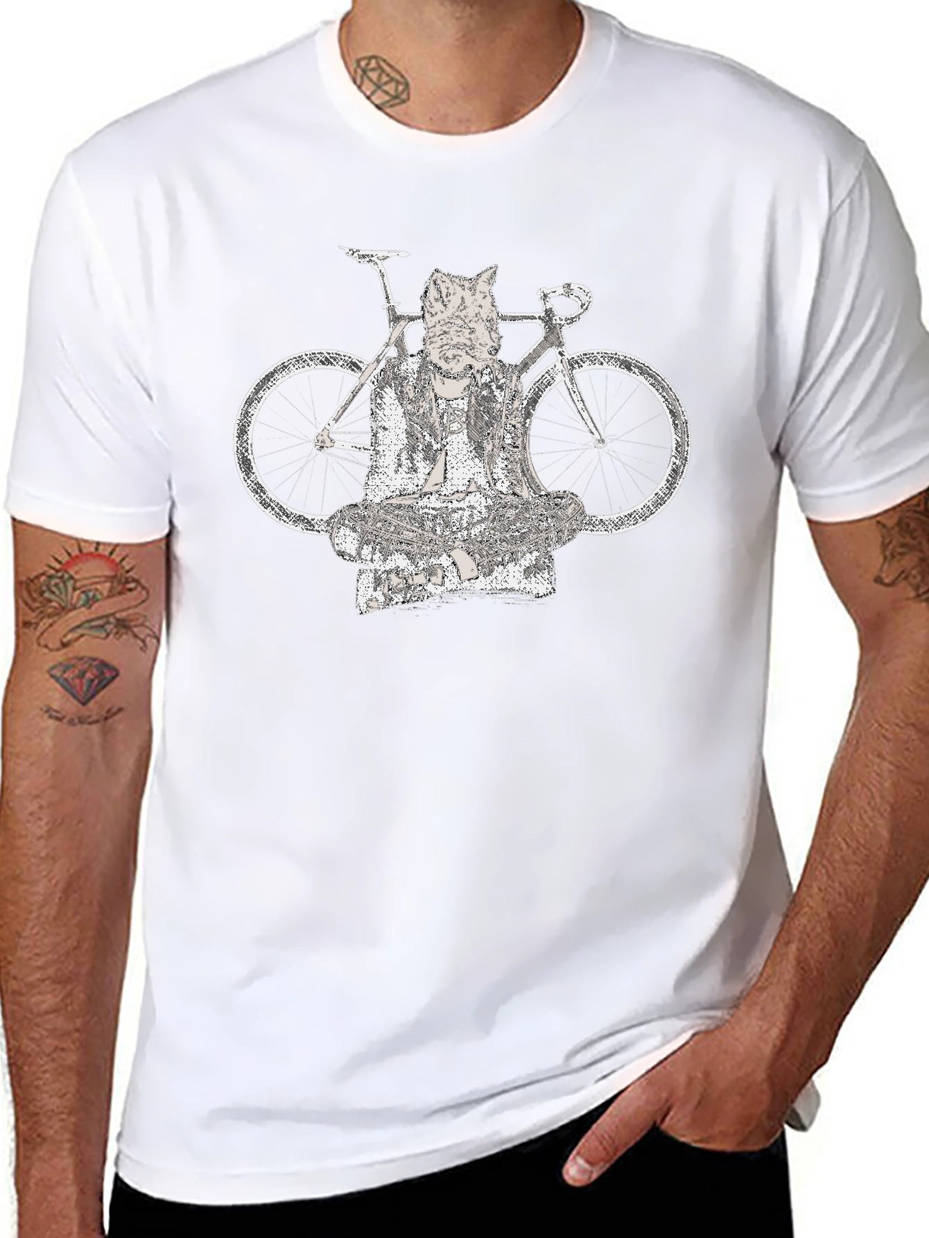 Cat Buddha Bike Graphic Tee - Black Cotton Blend