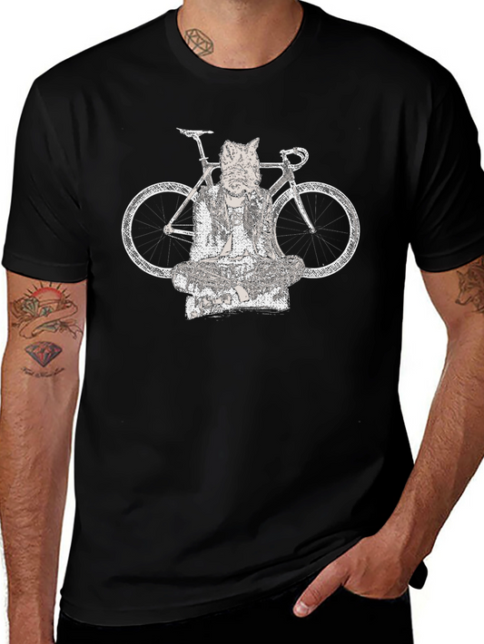 Cat Buddha Bike Graphic Tee - Black Cotton Blend