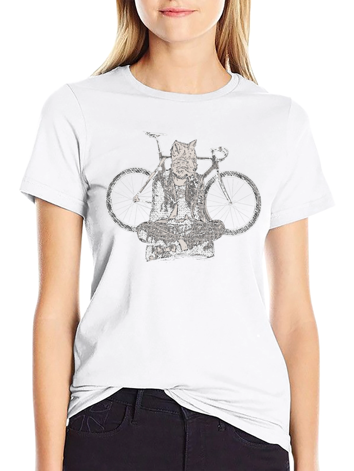 Cat Buddha Bike Graphic Tee - Black Cotton Blend