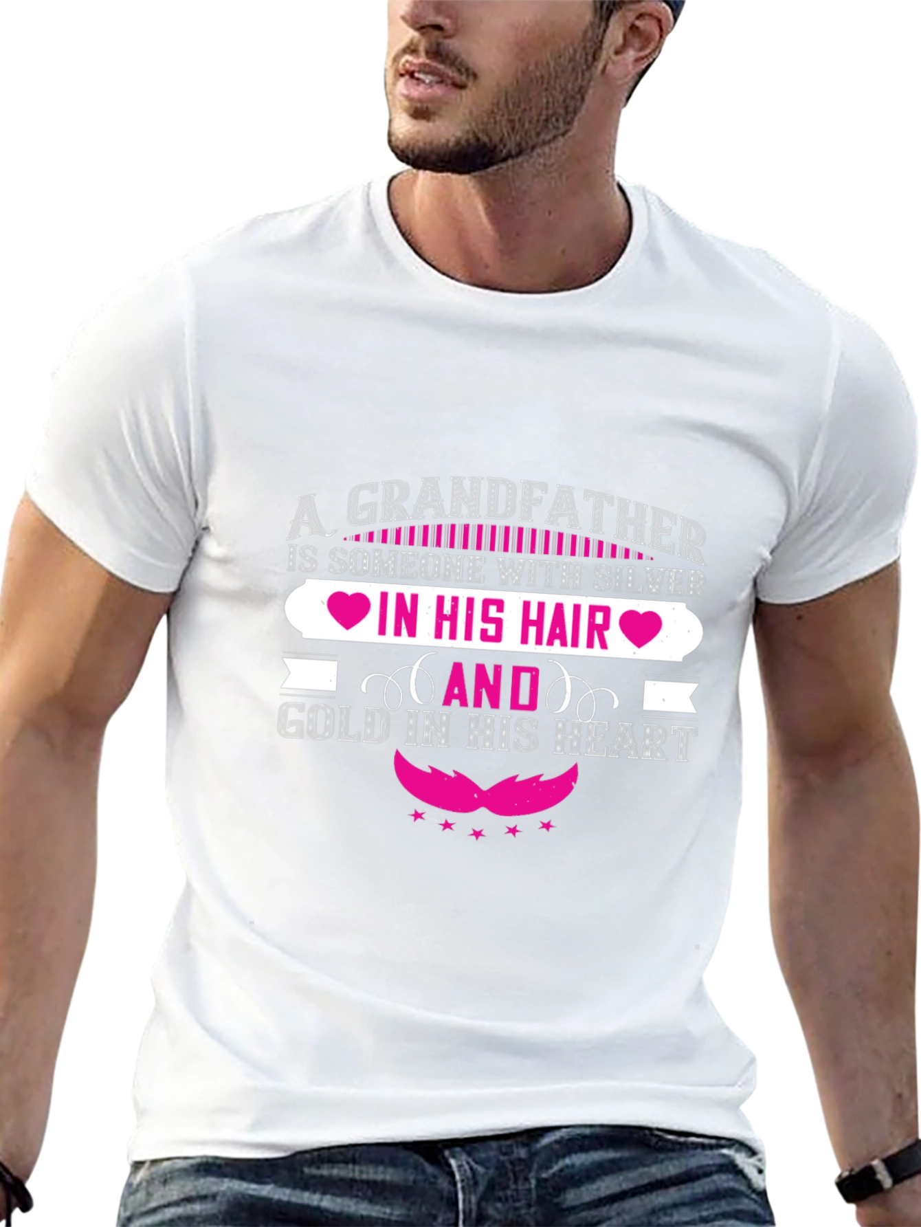 Grandfather Silver Hair Gold Heart Black T-Shirt