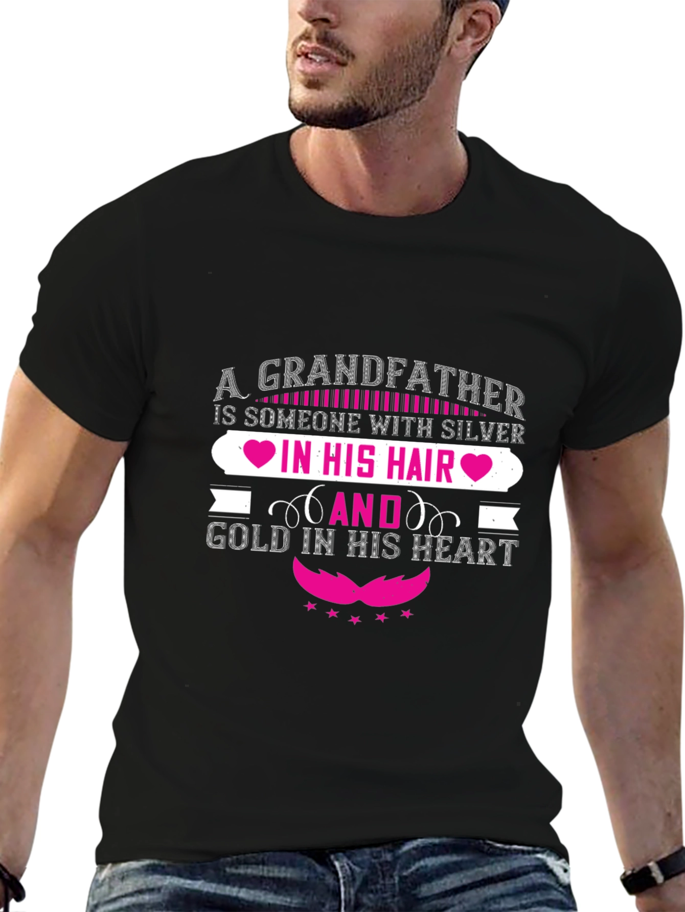 Grandfather Silver Hair Gold Heart Black T-Shirt