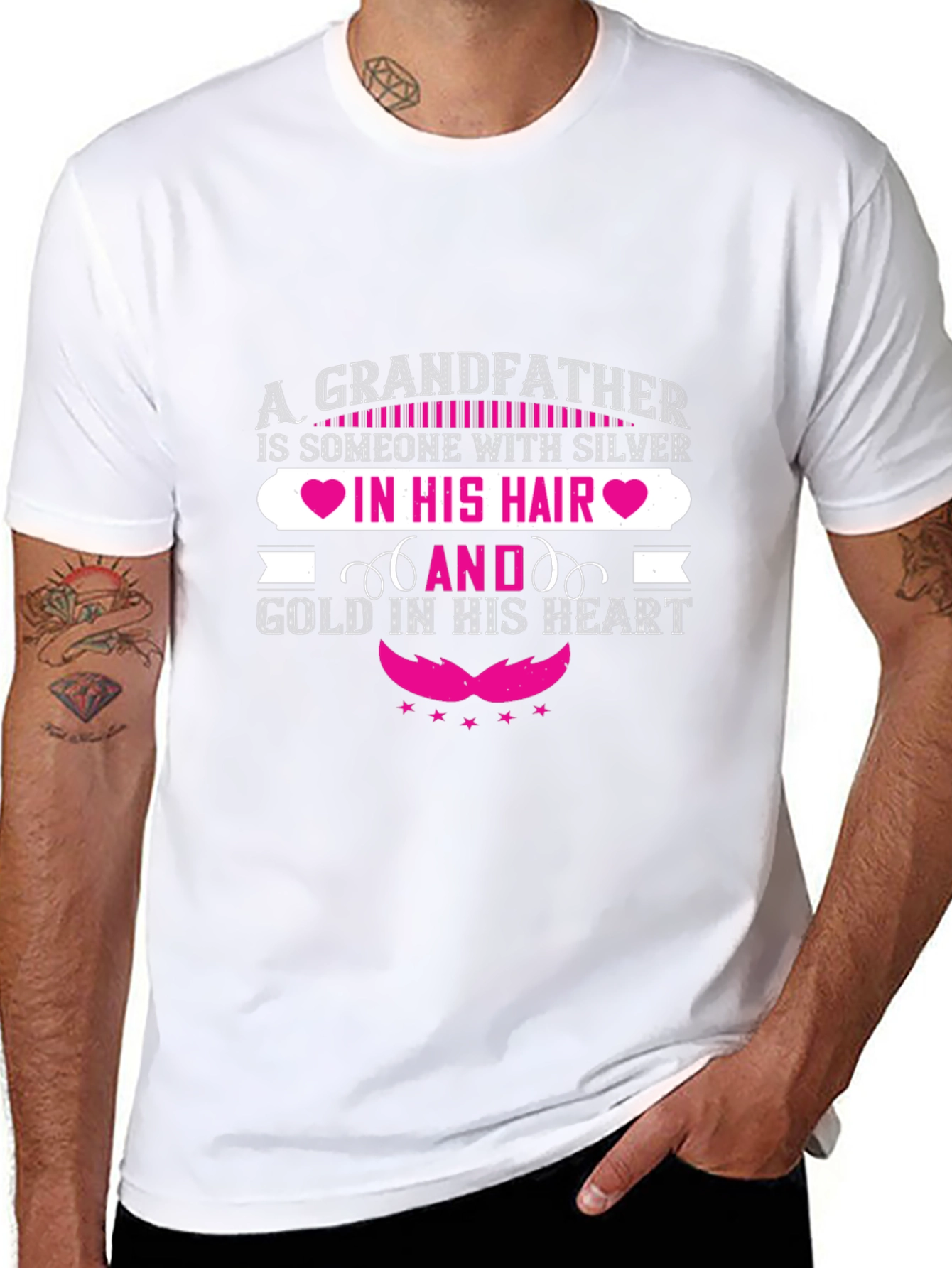 Grandfather Silver Hair Gold Heart Black T-Shirt