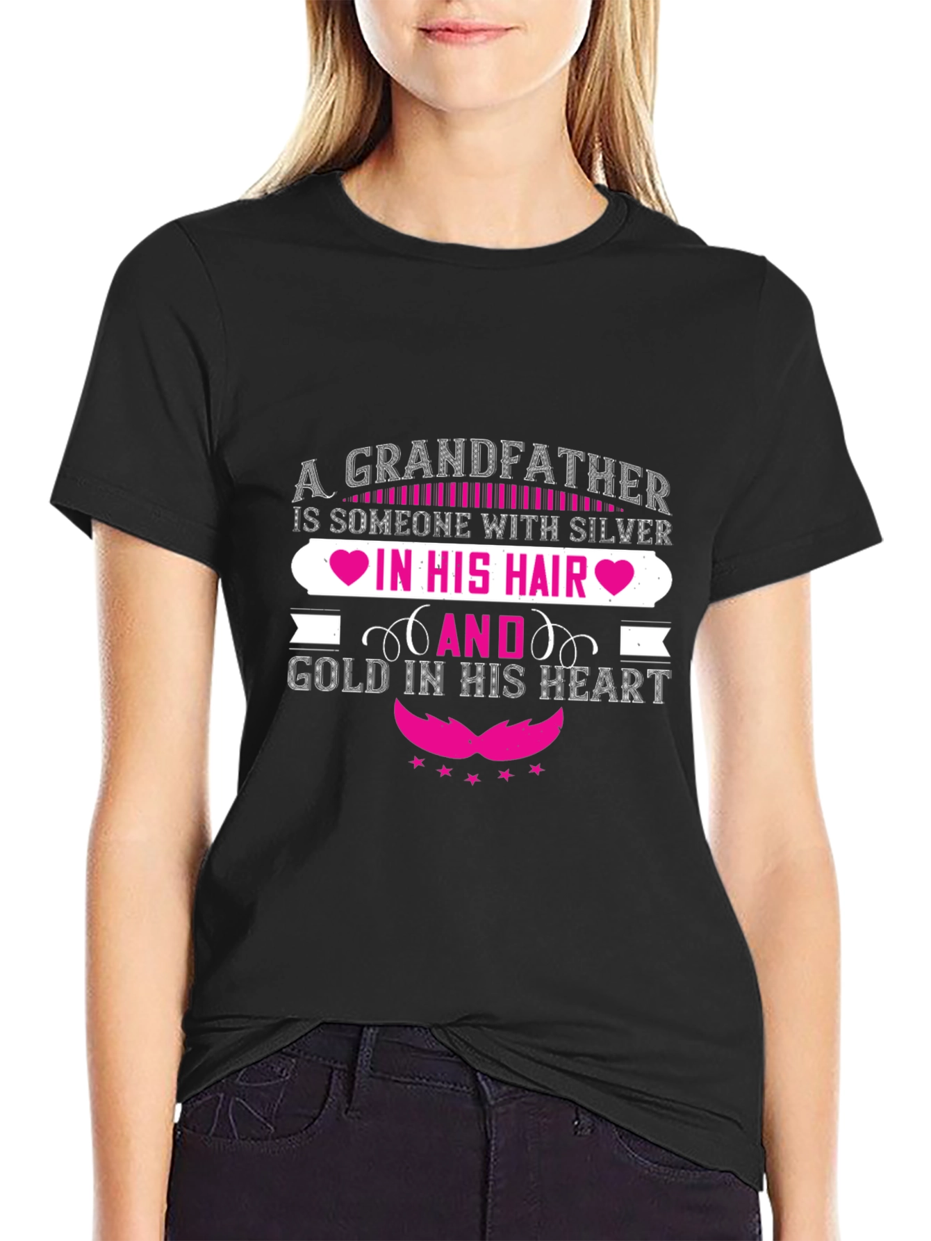 Grandfather Silver Hair Gold Heart Black T-Shirt