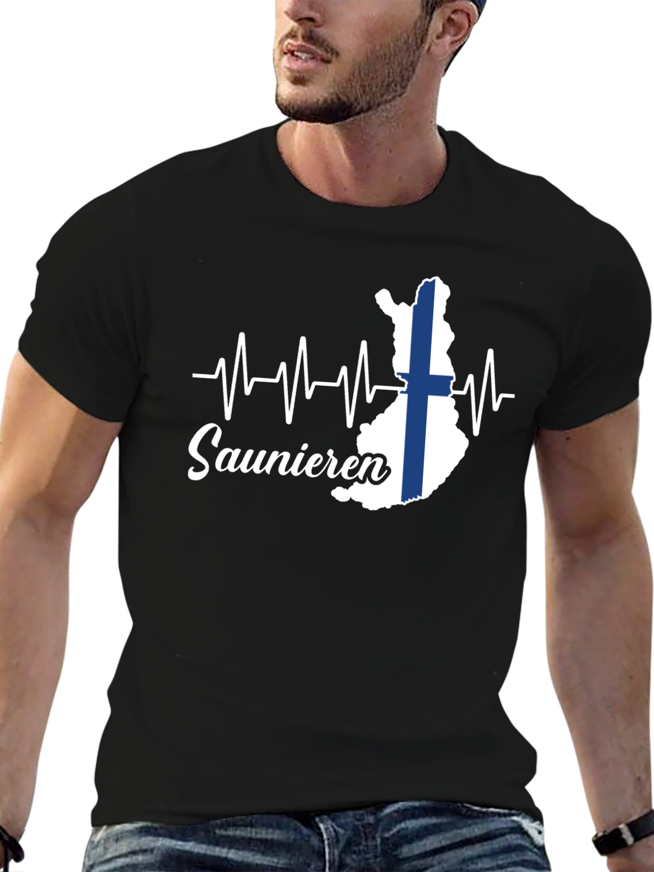 Finnish Sauna Lover T-Shirt - Finland Flag Heartbeat Design