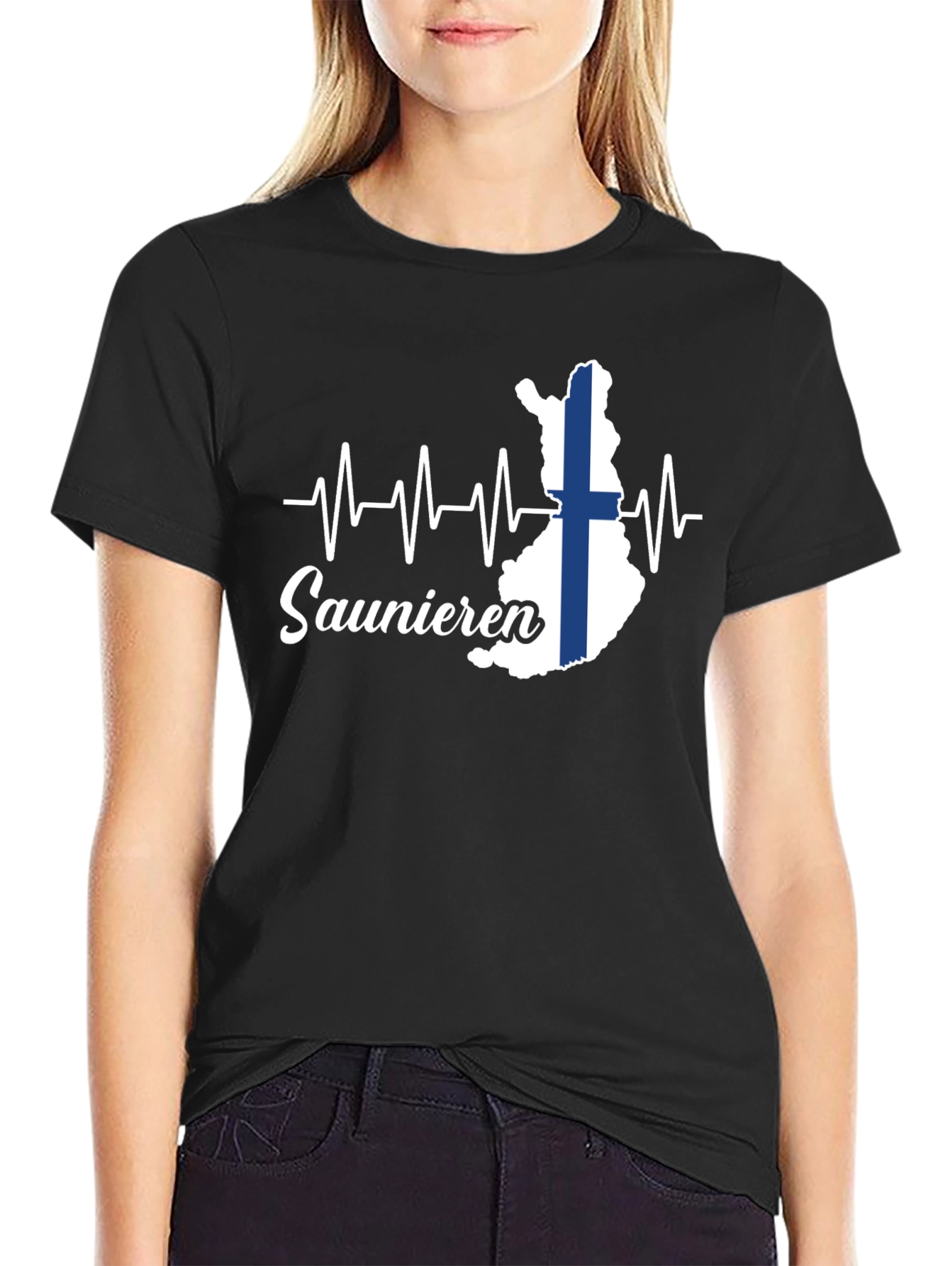 Finnish Sauna Lover T-Shirt - Finland Flag Heartbeat Design