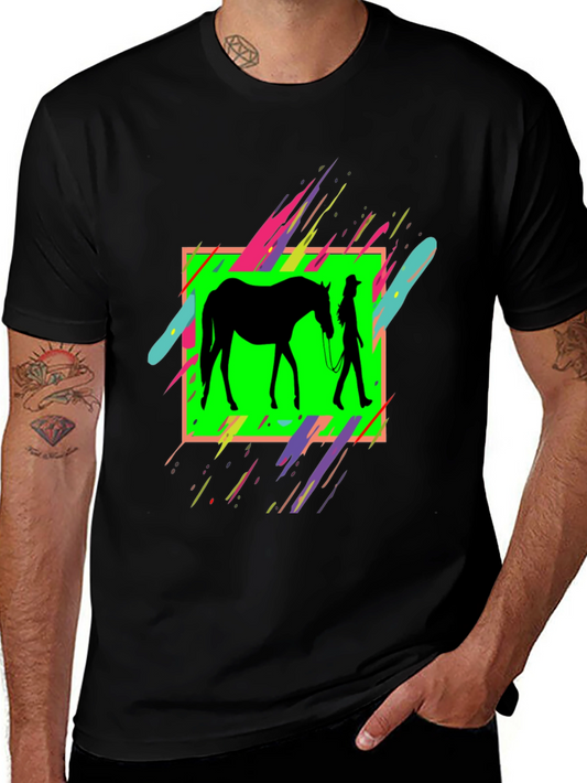 Horse & Rider Graphic Tee - Neon Silhouette Design
