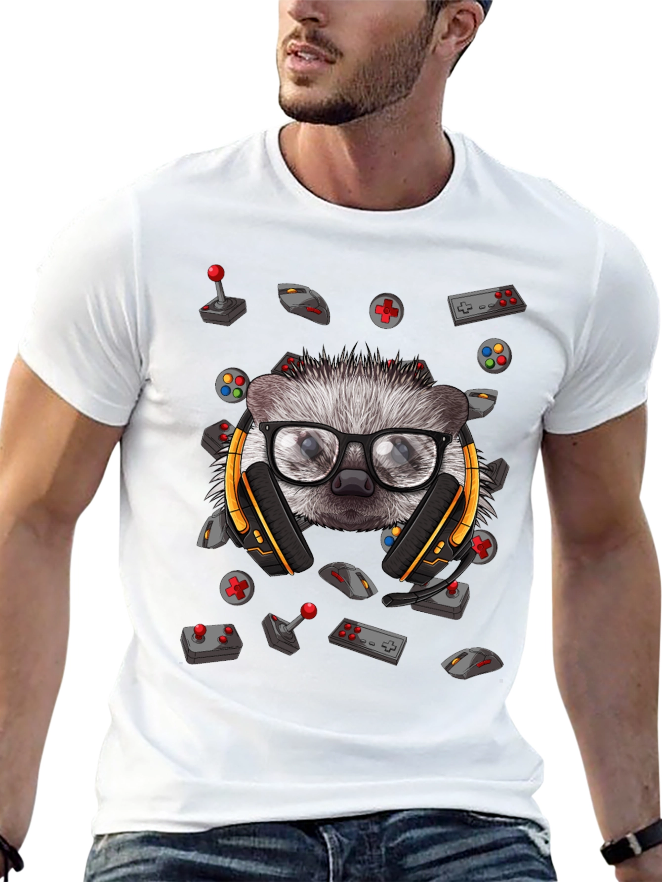 Gamer Hedgehog Graphic Tee - Black Cotton T-Shirt